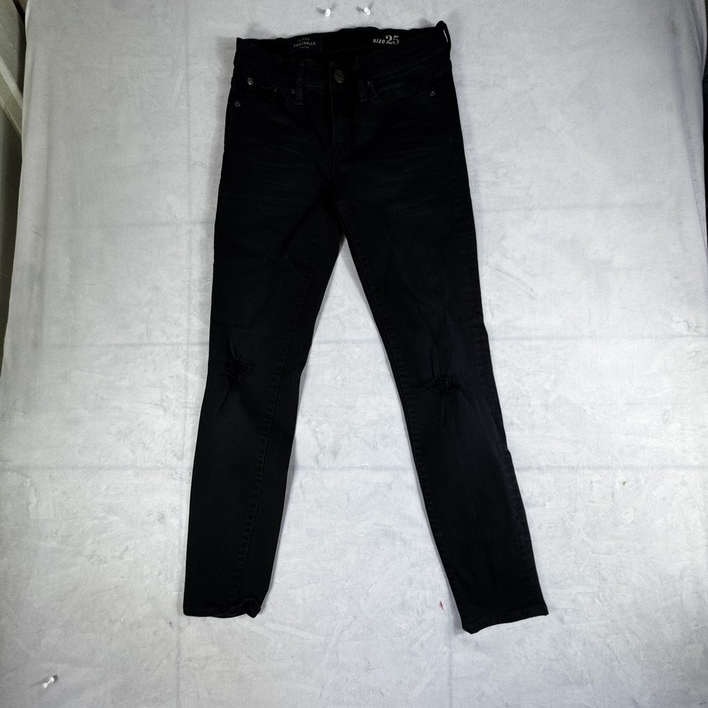 J.Crew‎ Toothpick Womens Skinny Jeans Black Denim Distressed Classic Size 25